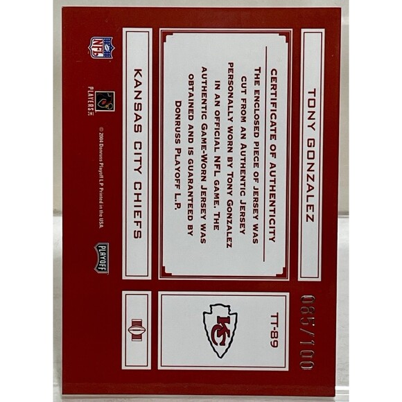 2004 Absolute Jersey Memorabilia  Tools of the Trade #TT89 Tony Gonzalez /100 NM - Picture 2 of 2